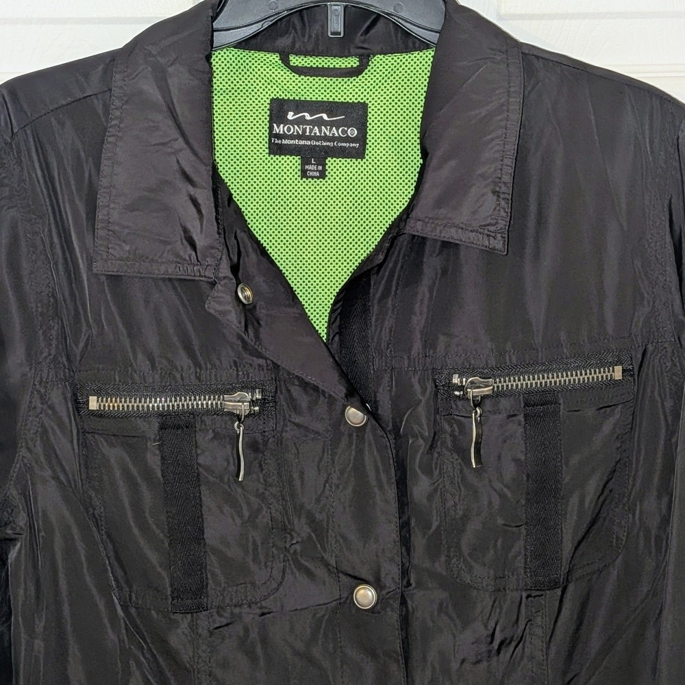 Montanaco Women Black Utility Jacket Lime Green Mesh Lining Snap Size L NEW - Picture 4 of 6
